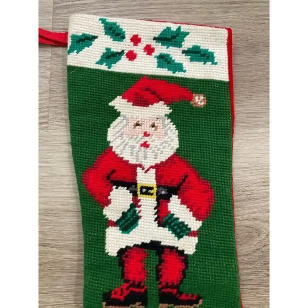 Vintage Needlepoint Santa Christmas Stocking Green Red 17
